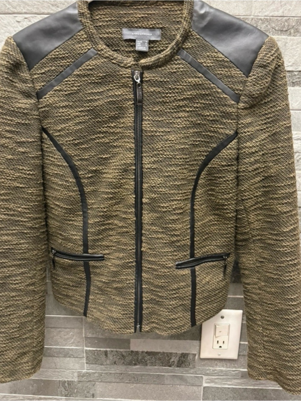 Atmosphere Olive Green Textured Zip Jacket with Black Trim
